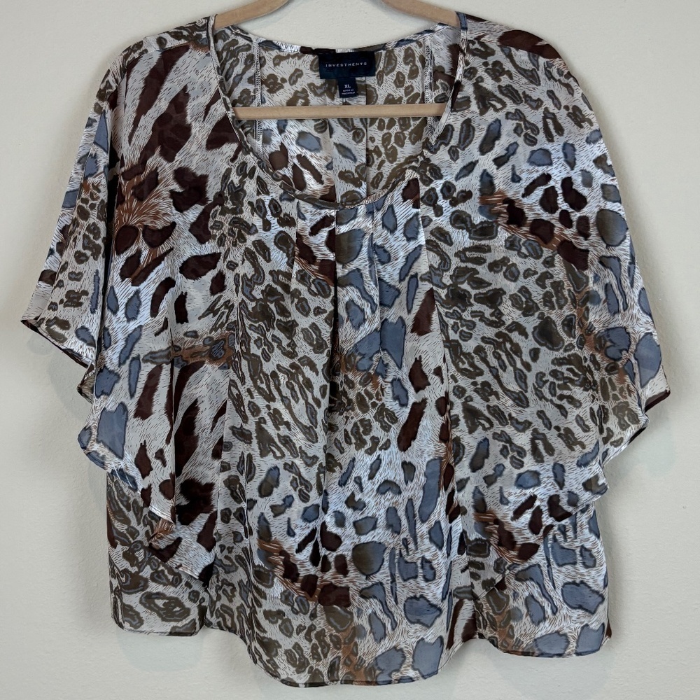 Investments Beige/Brown/Tan/Gray Animal Print Pullover Flowy Sheer Blouse